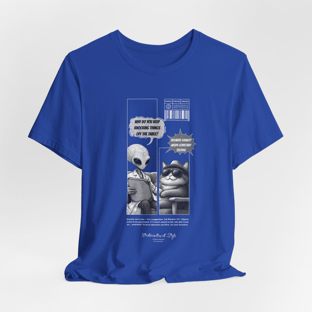 The GRAVITY t-shirt in True Royal — 3D mockup showing royal blue shirt with clean comic print. No model, isolated on white.