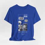 The GRAVITY t-shirt in True Royal — 3D mockup showing royal blue shirt with clean comic print. No model, isolated on white.