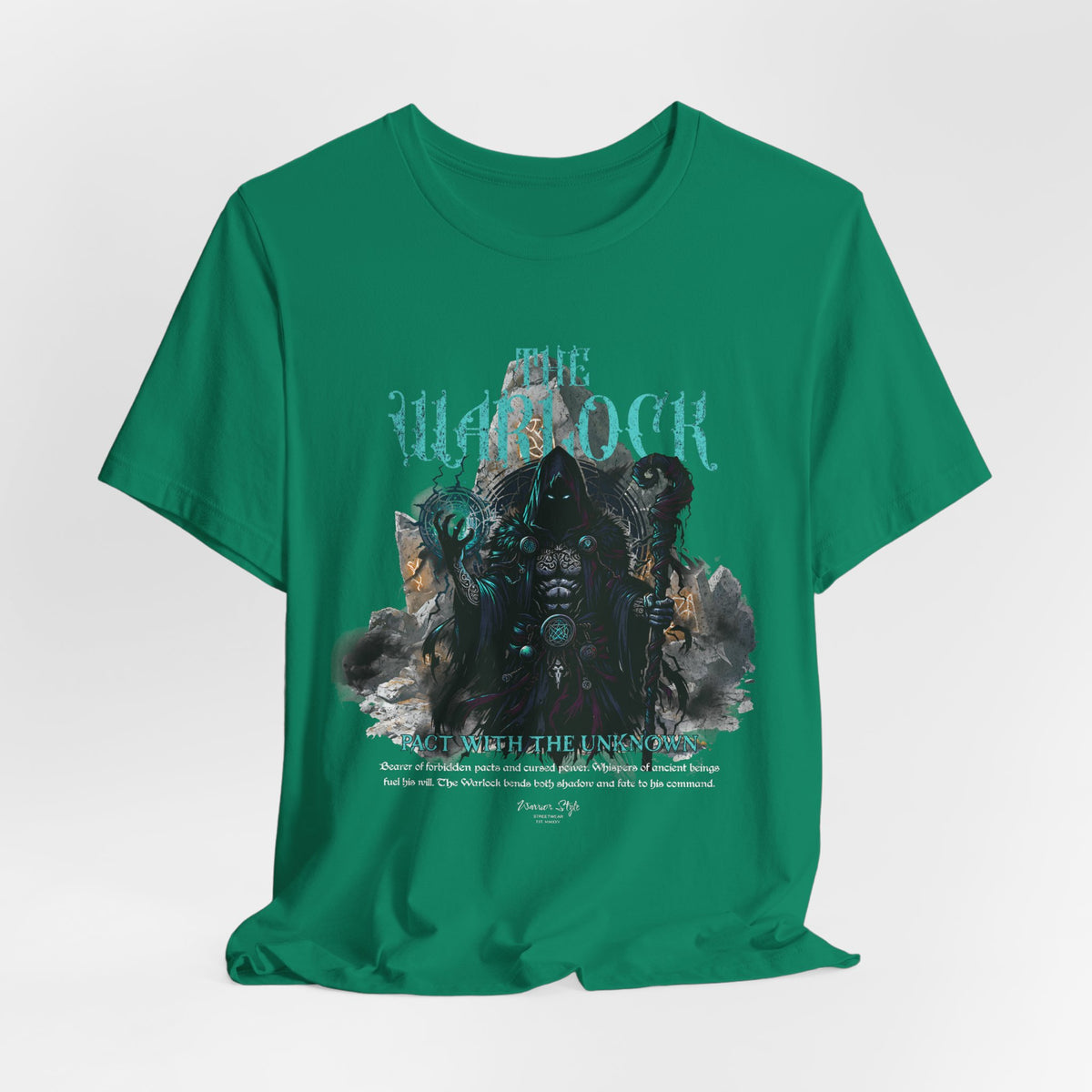 The Warlock t-shirt in Kelly — Forbidden spells rooted in wild earth.
