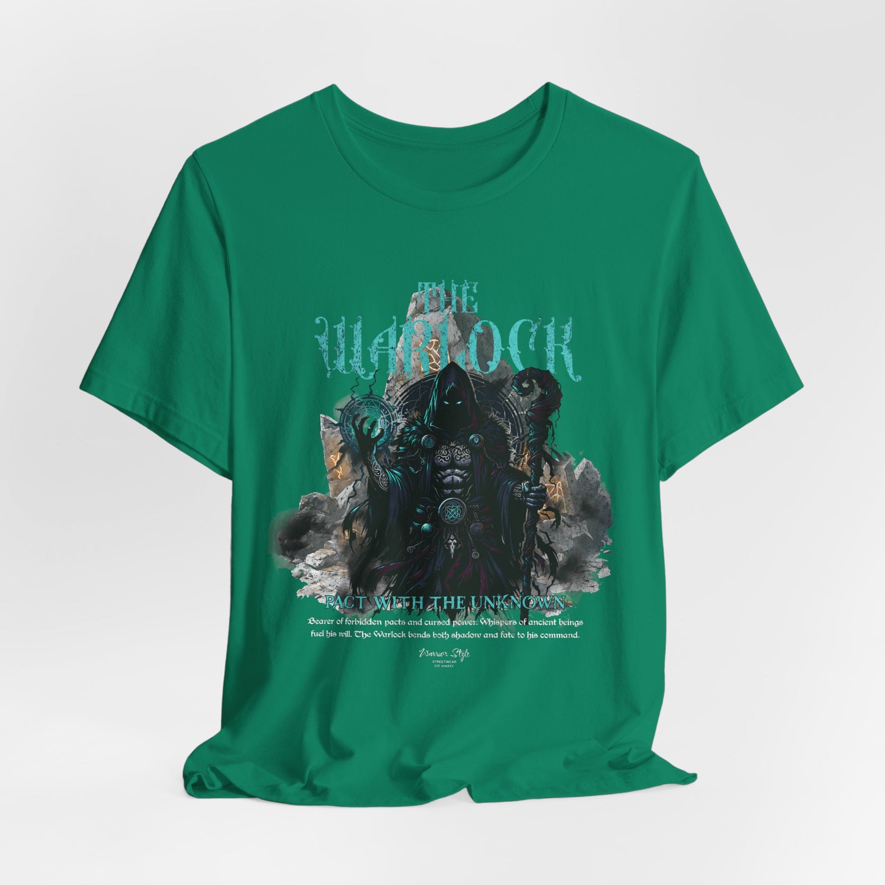 The Warlock t-shirt in Kelly — Forbidden spells rooted in wild earth.