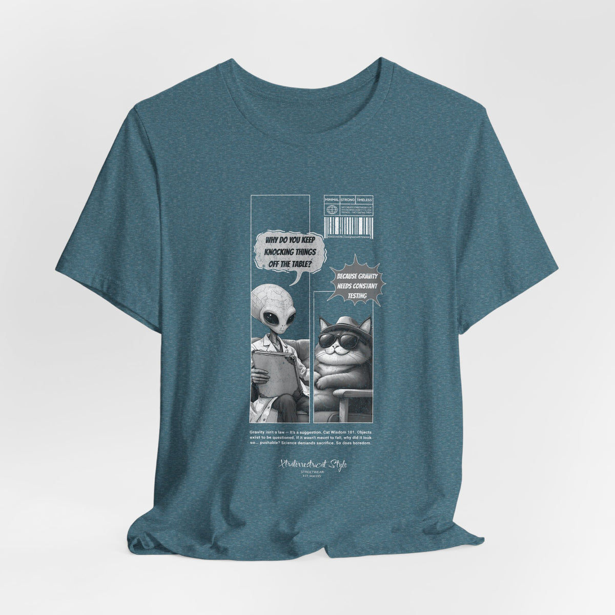 The GRAVITY t-shirt in Heather Deep Teal — 3D mockup of deep teal fabric, artwork centered. No person or setting visible.