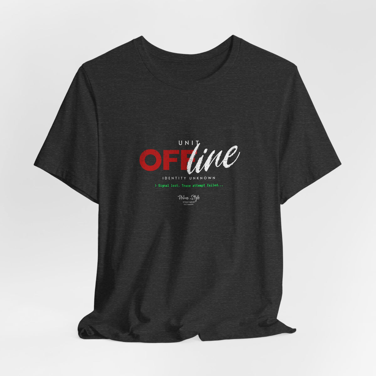 The UNIT OFFLINE t-shirt in dark heather grey — silent, secure, unreadable.