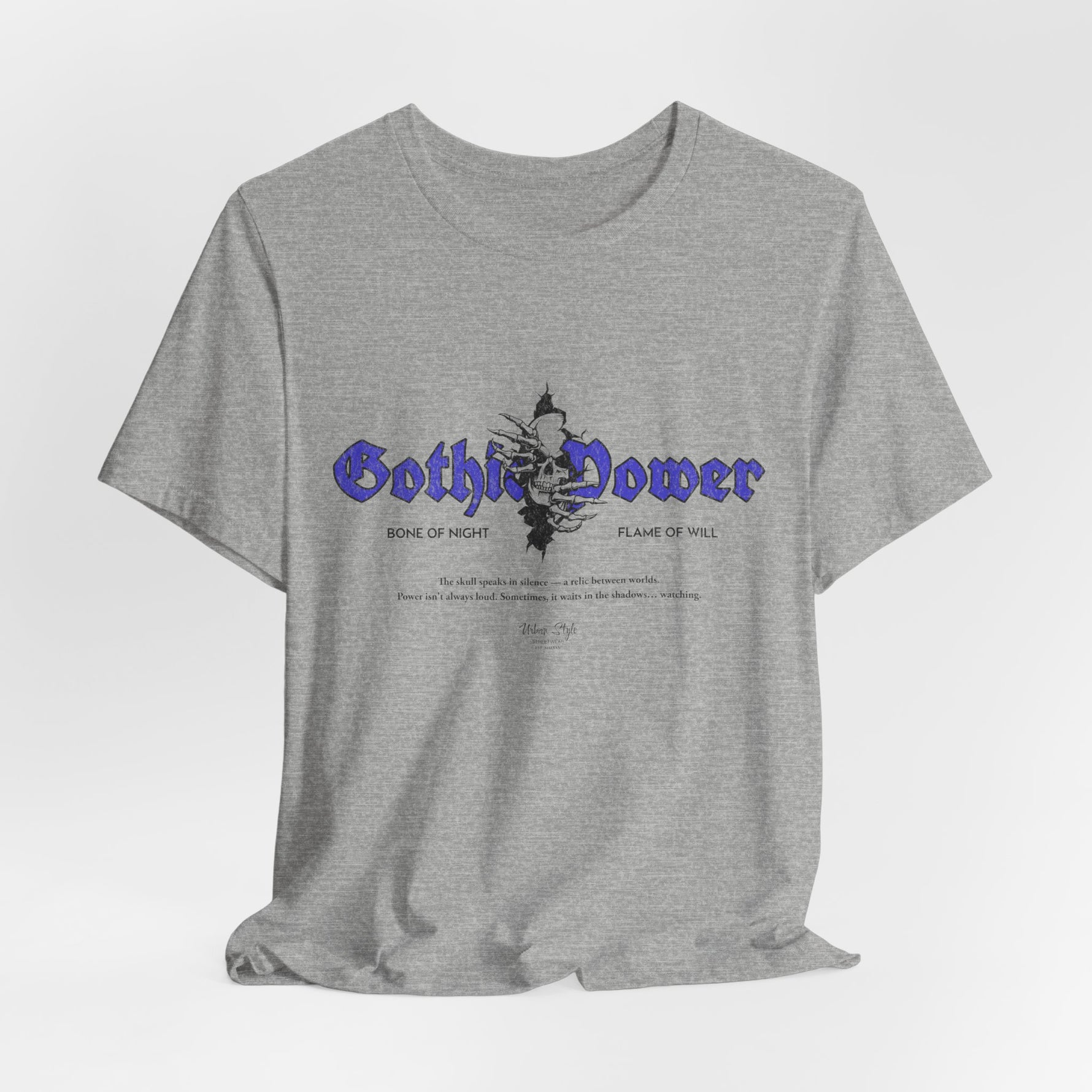 The GOTHIC POWER t-shirt in Athletic Heather — strength hidden in softness, like dusk before a storm.