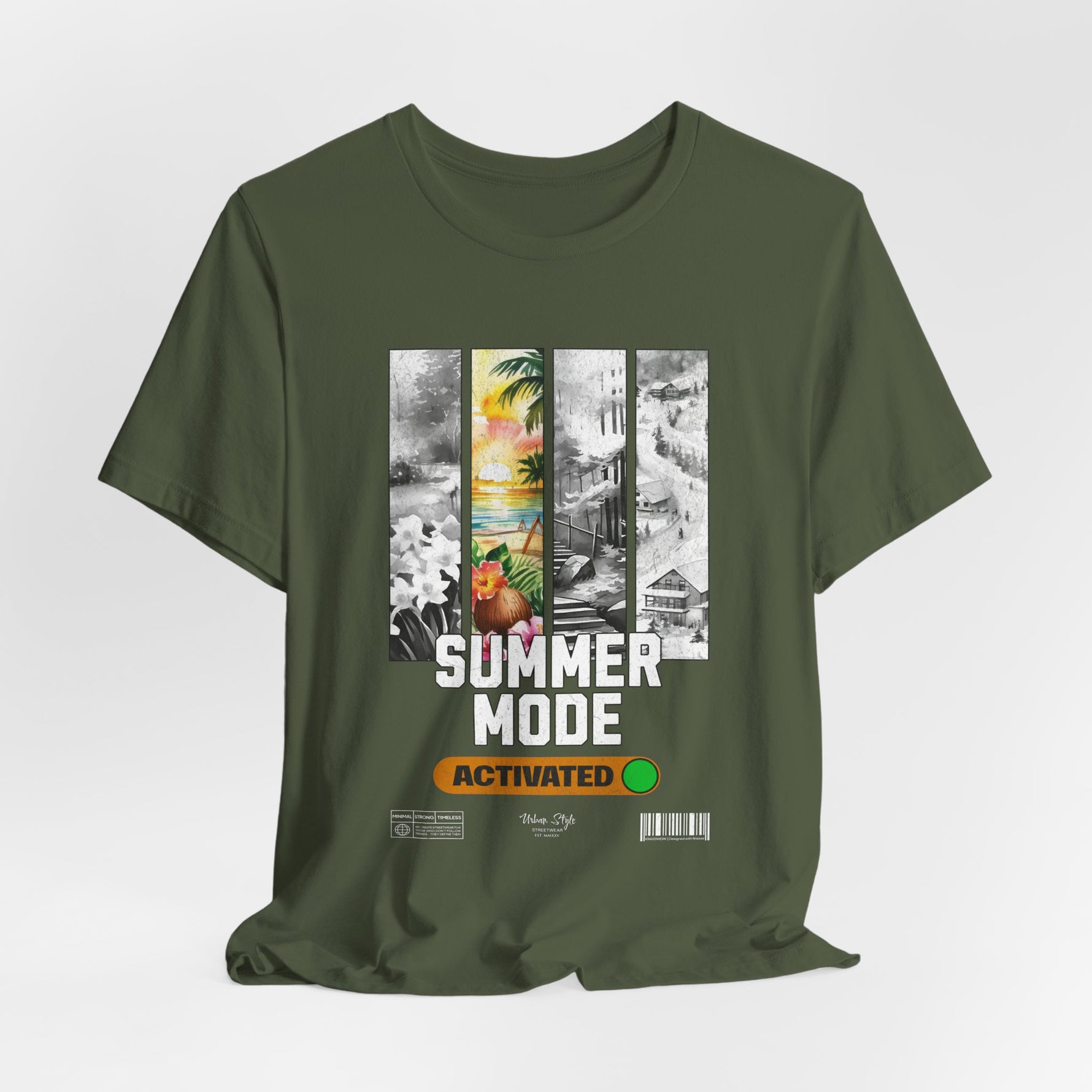 The SUMMER MODE t-shirt in military green — Tropics meet terrain — sun with an edge.