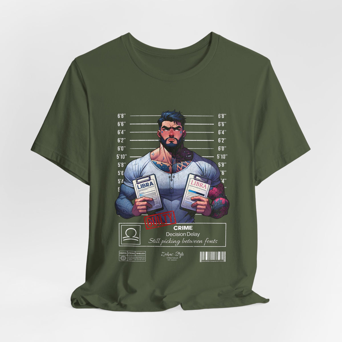 3D mockup of the LIBRA t-shirt in Military Green — muted olive tone. NO BACKGROUND. NO MODEL.