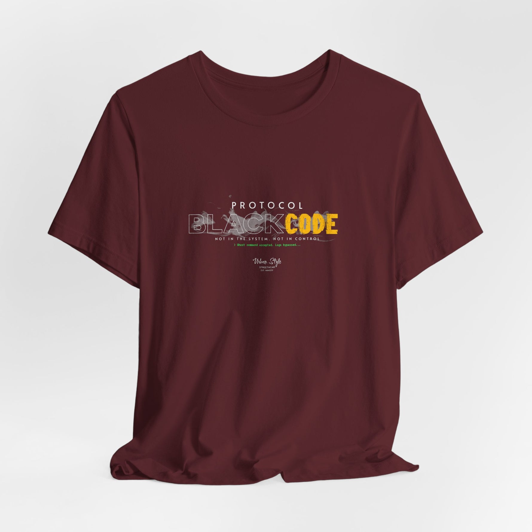 The PROTOCOL BLACKCODE t-shirt in Maroon — deep protocol, deeper defiance. 3D mockup of a t-shirt in dark maroon color. No model, no background.