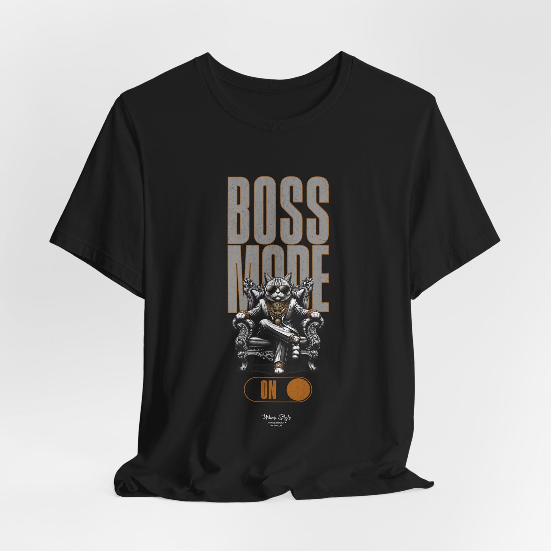 Color swatch for “Black” – BOSS MODE design on a jet black T-shirt.