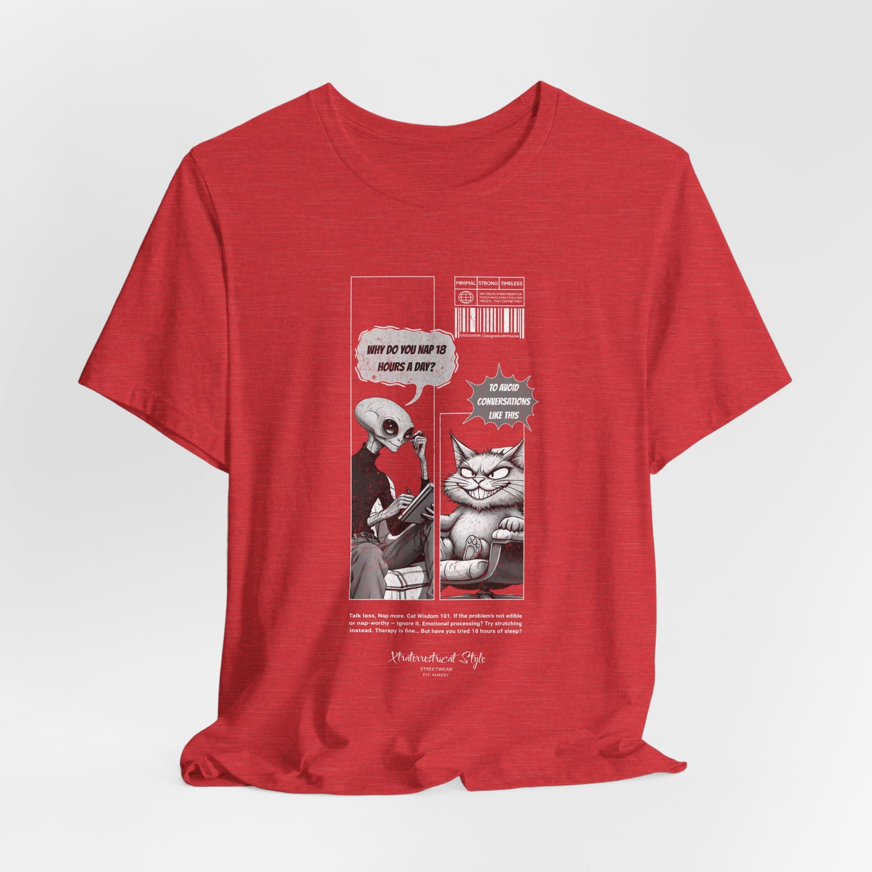 The NAP – 18h A Day t-shirt in Heather Red — Warm heathered red gives the sarcastic cat panel a hint of rebellion.