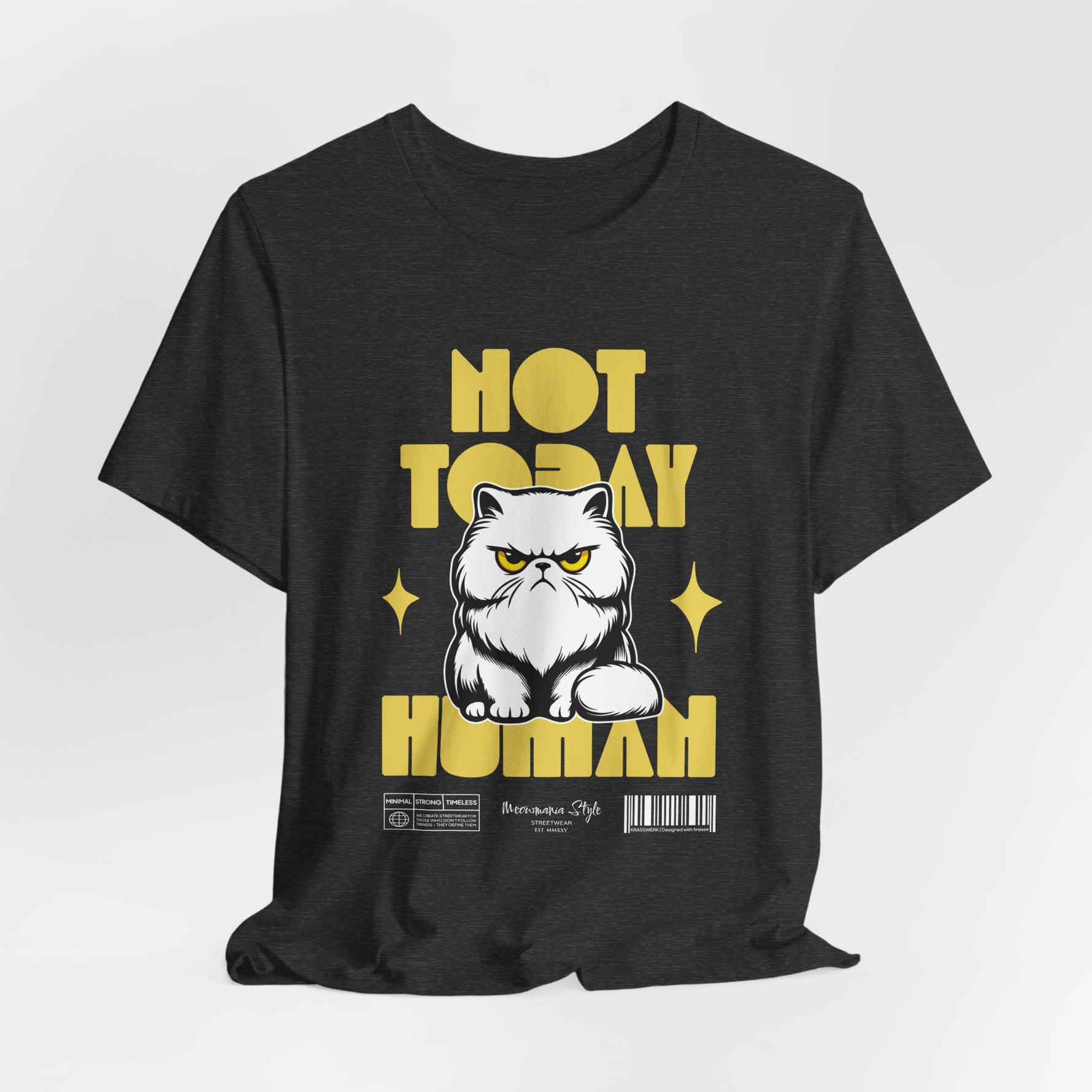 The NOT TODAY t-shirt in Dark Heather Grey — soft rebellion wrapped in a stormy neutral.