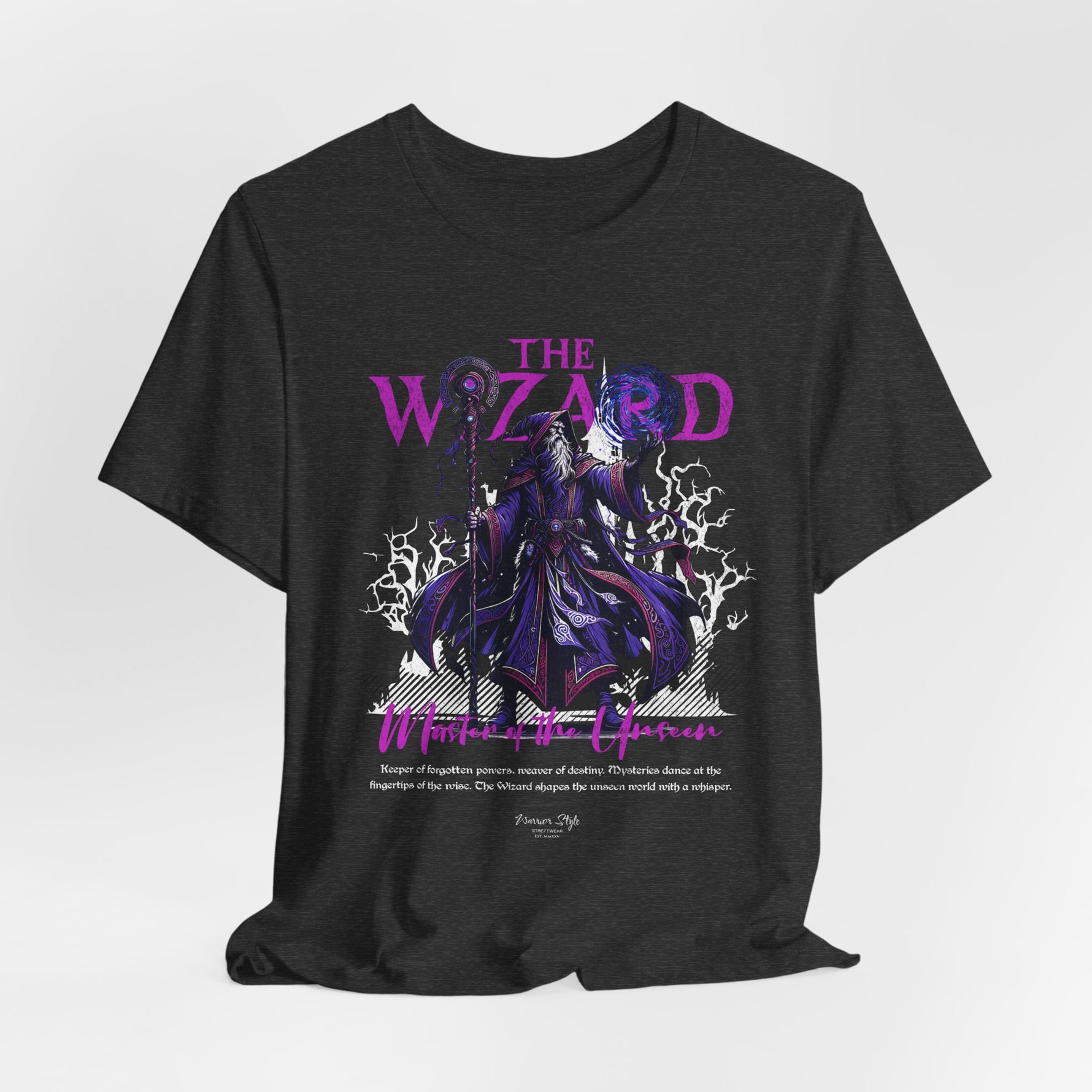 The Wizard t-shirt in Dark Heather Grey — A muted cloak for shadow-born magic.