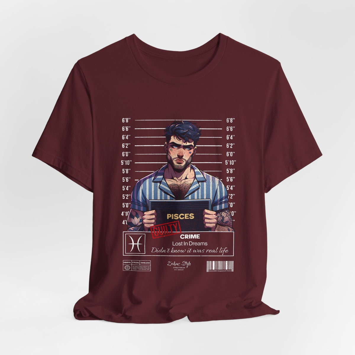 The PISCES t-shirt in Maroon — deep and quiet, lost in thought.