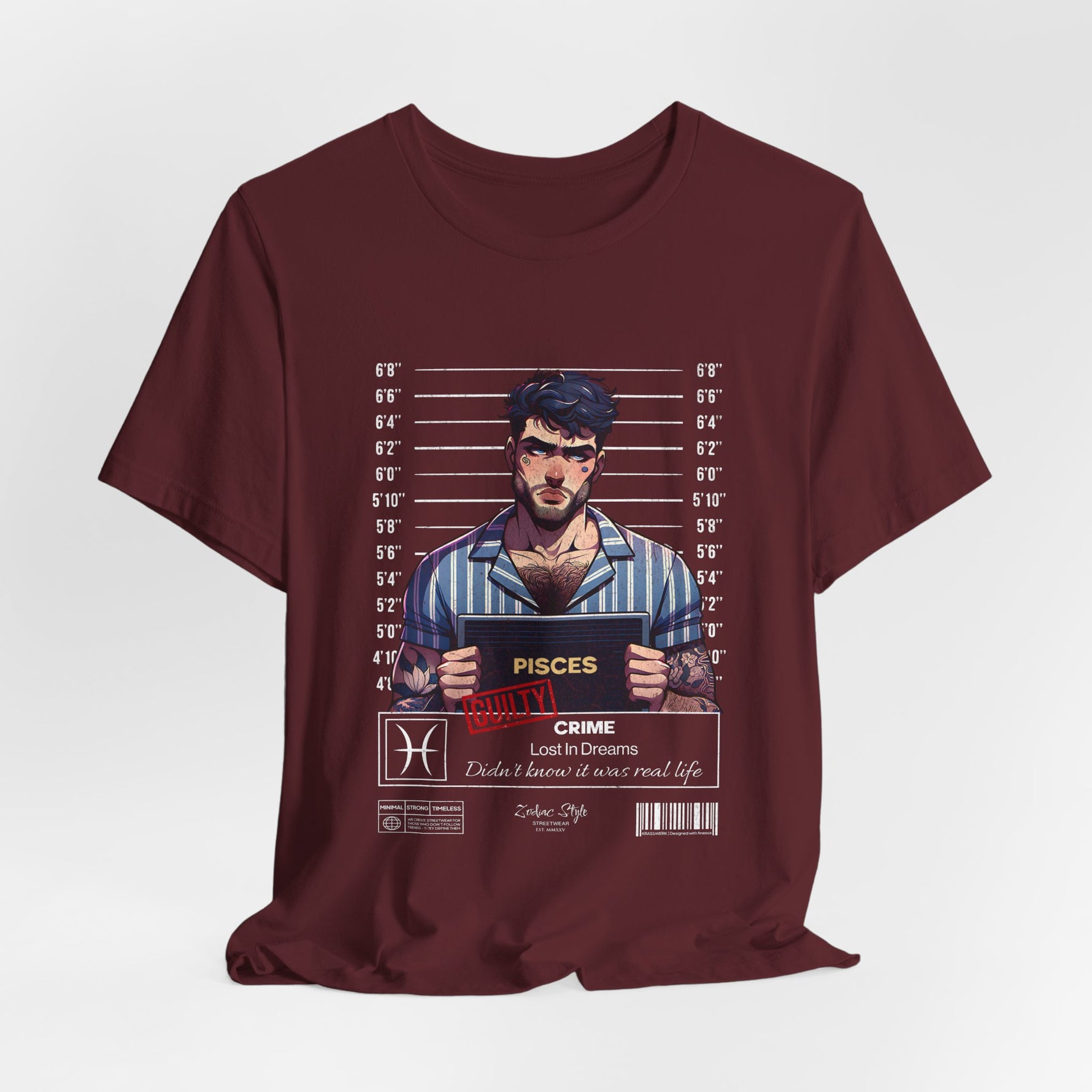 The PISCES t-shirt in Maroon — deep and quiet, lost in thought.