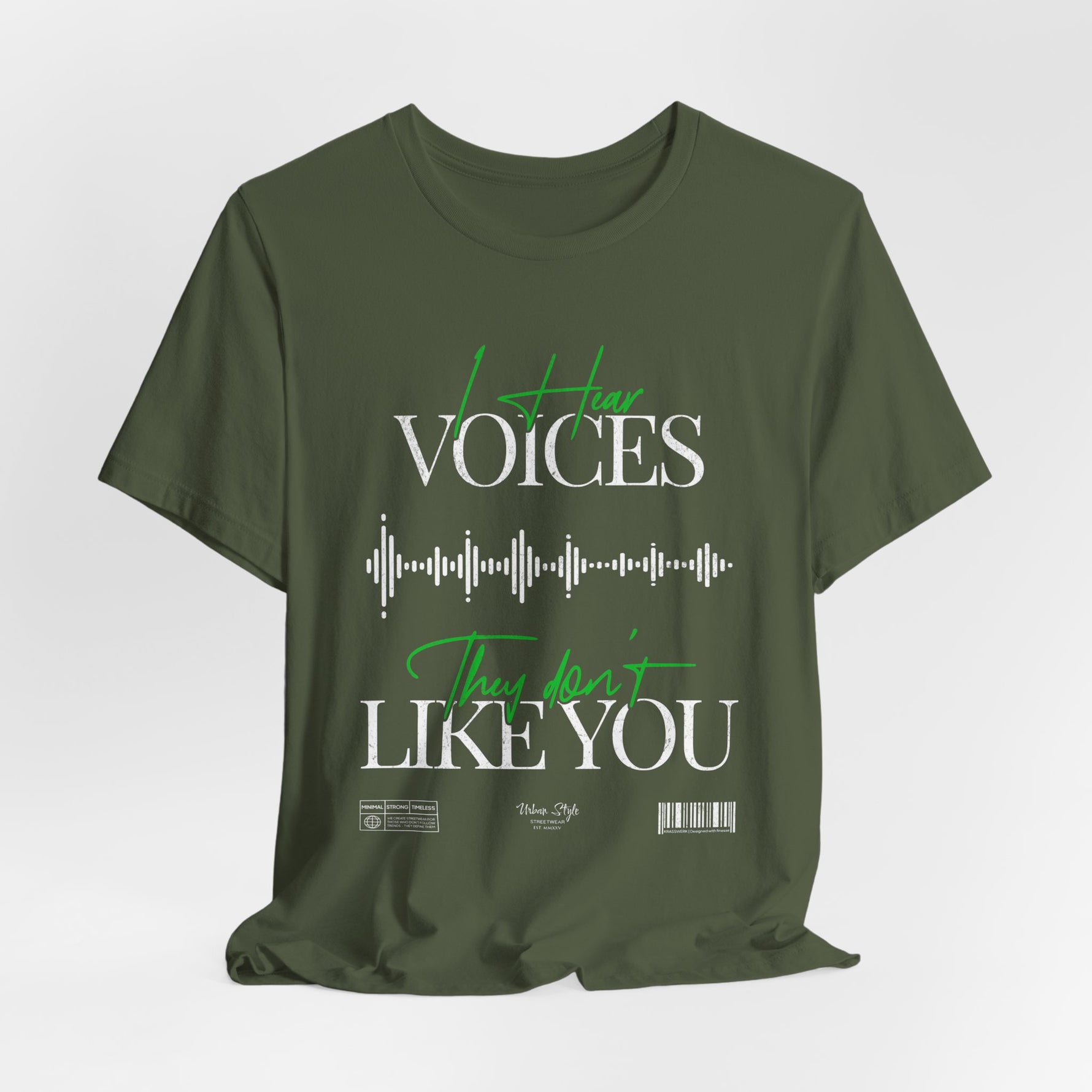 The VOICES t-shirt in Military Green — tactical, calculated noise beneath the surface.