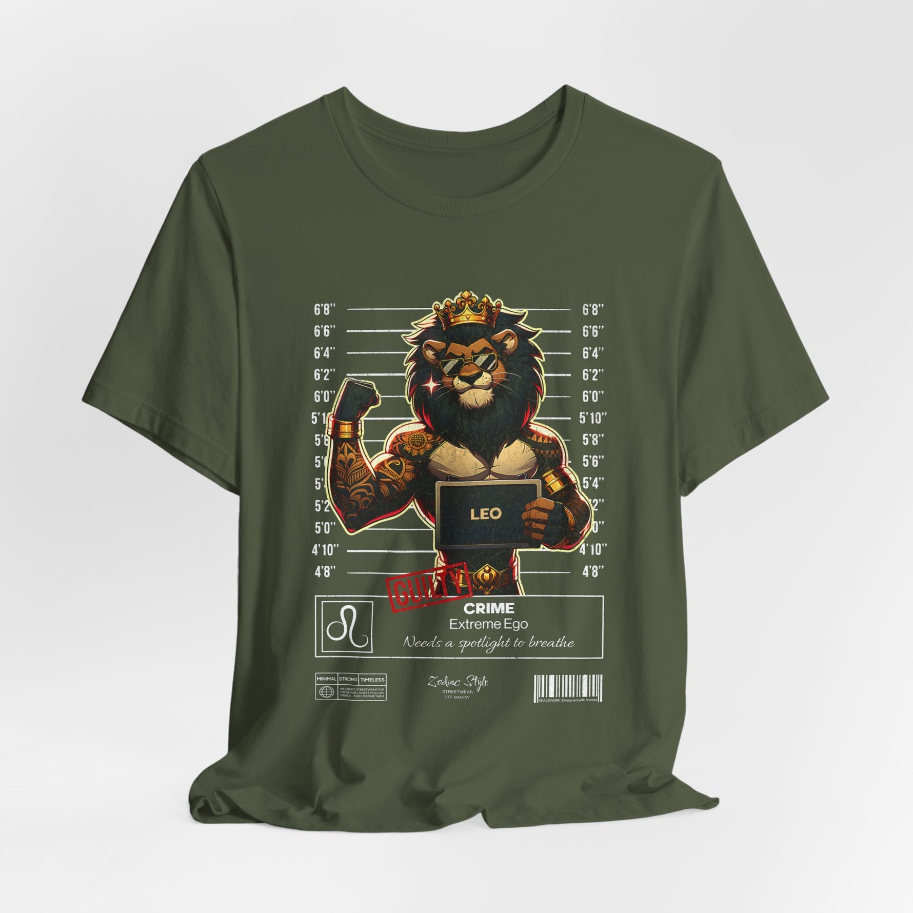 The LEO t-shirt in Military Green – 3D mockup of an olive-toned green shirt with a rugged feel, full graphic visible. NO BACKGROUND, NO MODEL.