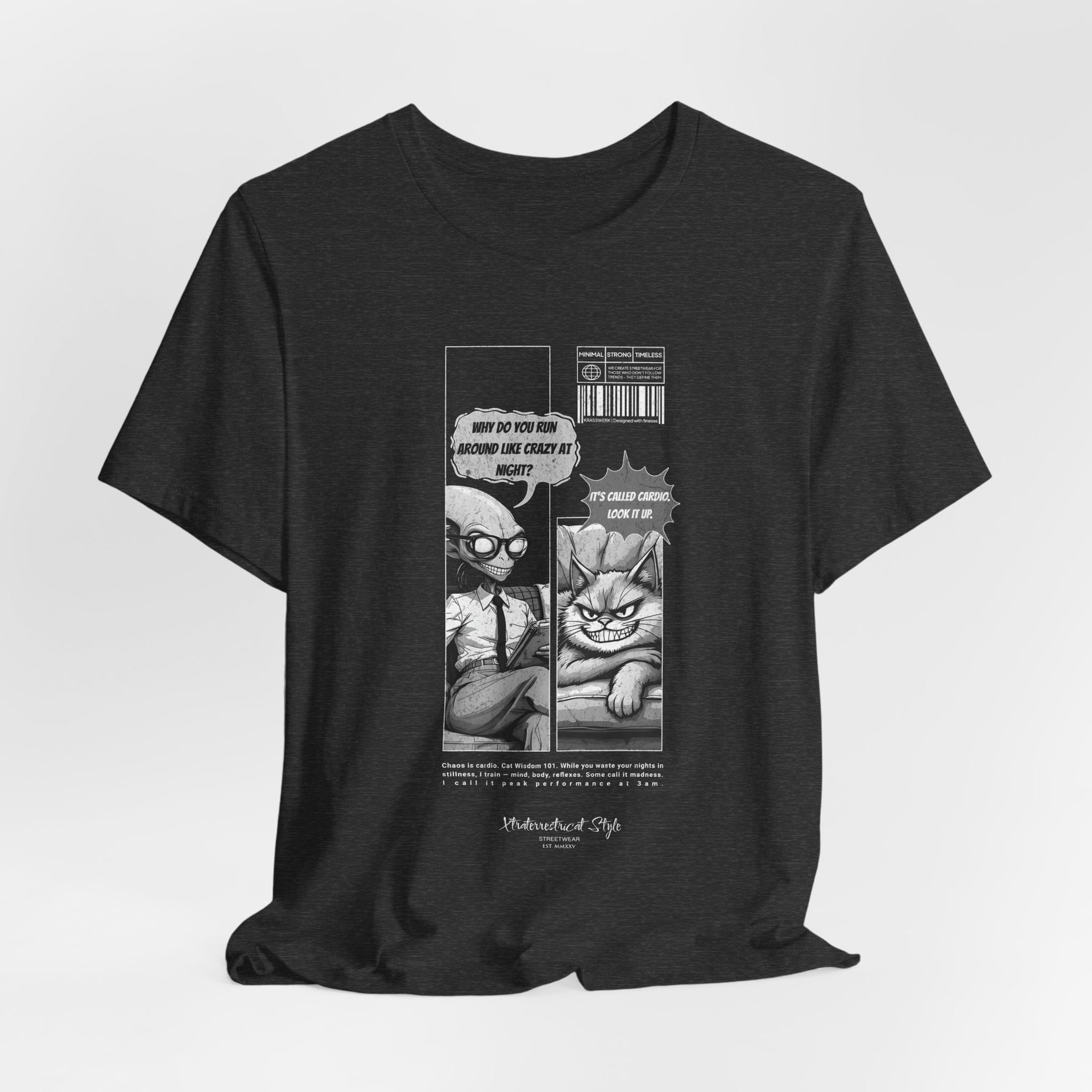 The CARDIO t-shirt in Dark Heather Grey — 3D mockup of the shirt in a textured charcoal grey tone. No background, no model.