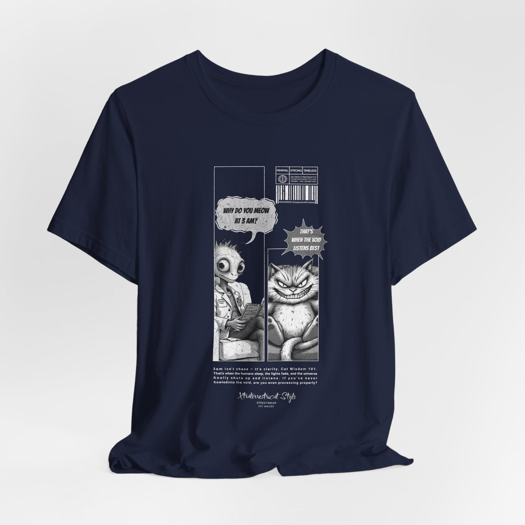 The MEOW 3AM t-shirt in Navy — 3D mockup of a dark blue shirt with clean presentation and no background.