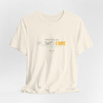 The PROTOCOL BLACKCODE t-shirt in Natural — blank on the surface, coded underneath. 3D mockup of a t-shirt in off-white/cream color. No model, no background.