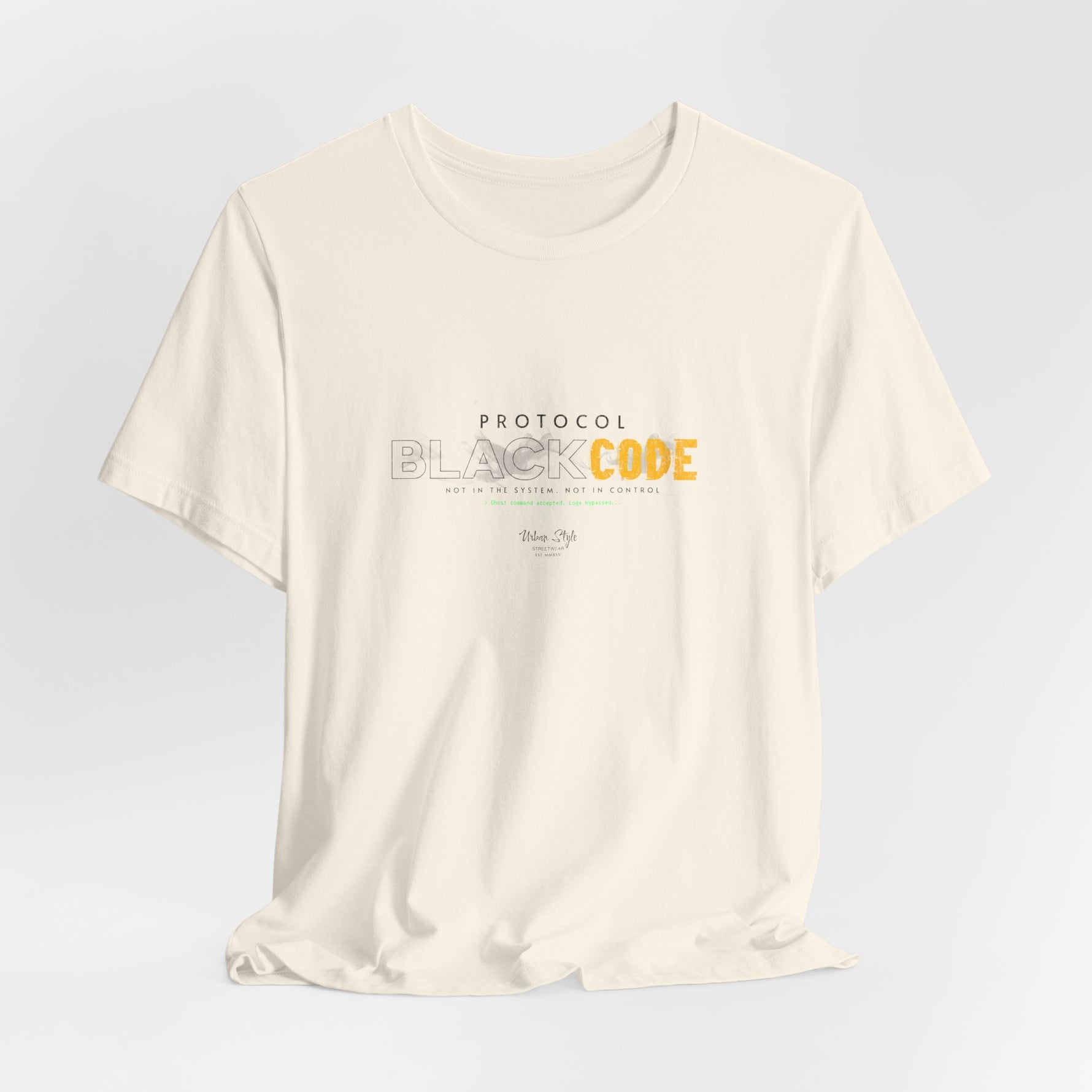 The PROTOCOL BLACKCODE t-shirt in Natural — blank on the surface, coded underneath. 3D mockup of a t-shirt in off-white/cream color. No model, no background.