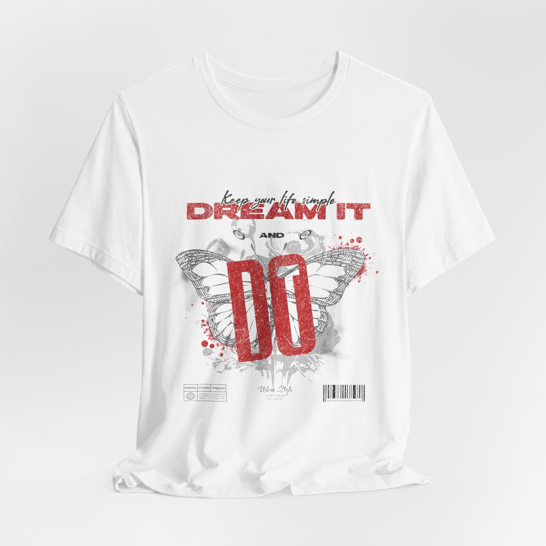 The DREAM IT DO IT t-shirt in White — clean minimal base, making the butterfly and "DO" stand out sharply.