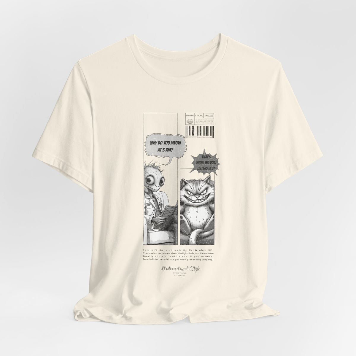 The MEOW 3AM t-shirt in Natural — 3D mockup of an off-white, creamy shirt tone, no figure or scene shown.