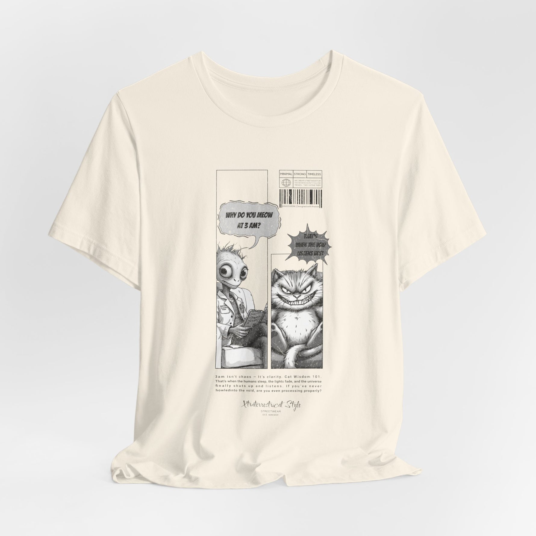 The MEOW 3AM t-shirt in Natural — 3D mockup of an off-white, creamy shirt tone, no figure or scene shown.