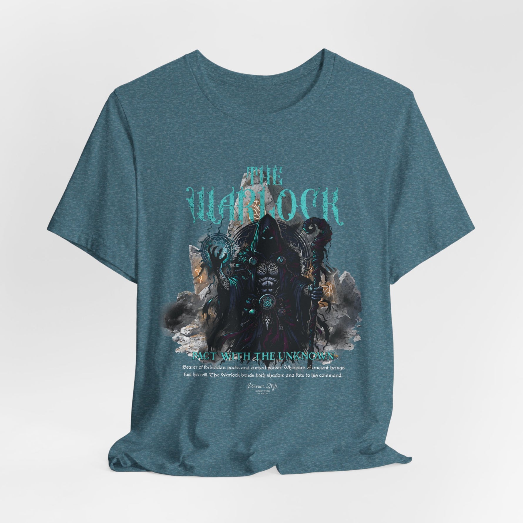 The Warlock t-shirt in Heather Deep Teal — Deep waters hold older magics still.