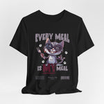 The EVERY MEAL IS MY MEAL t-shirt in black — sleek and striking; the cat illustration glows with attitude.