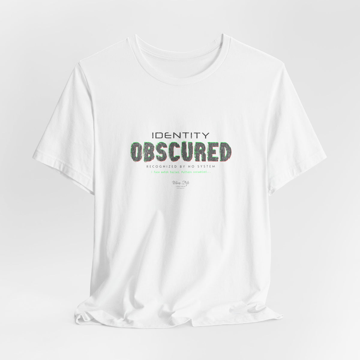 The IDENTITY OBSCURED t-shirt in White — 3D mockup of a plain white shirt. No background. No model.