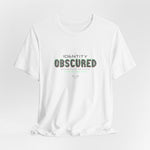 The IDENTITY OBSCURED t-shirt in White — 3D mockup of a plain white shirt. No background. No model.