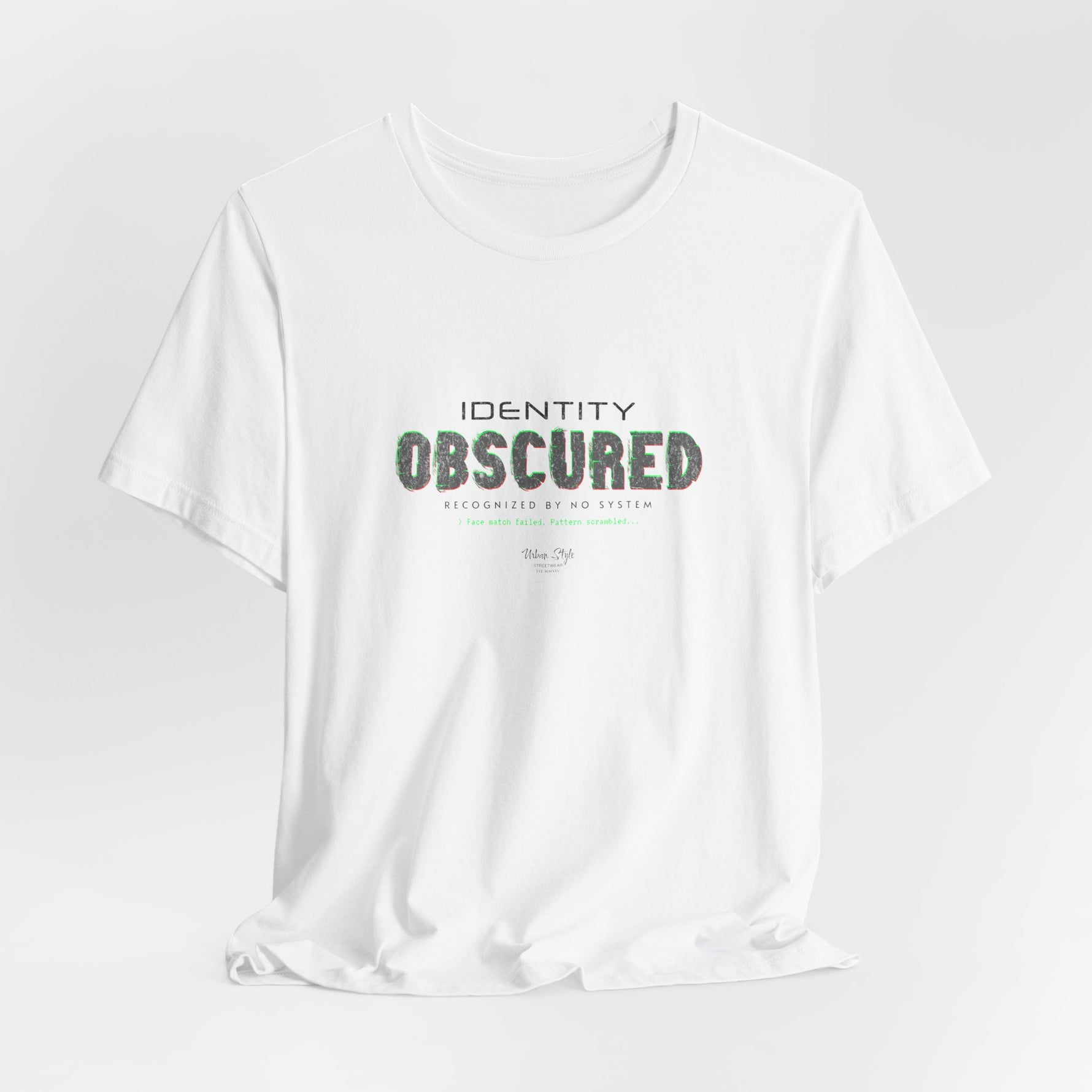 The IDENTITY OBSCURED t-shirt in White — 3D mockup of a plain white shirt. No background. No model.