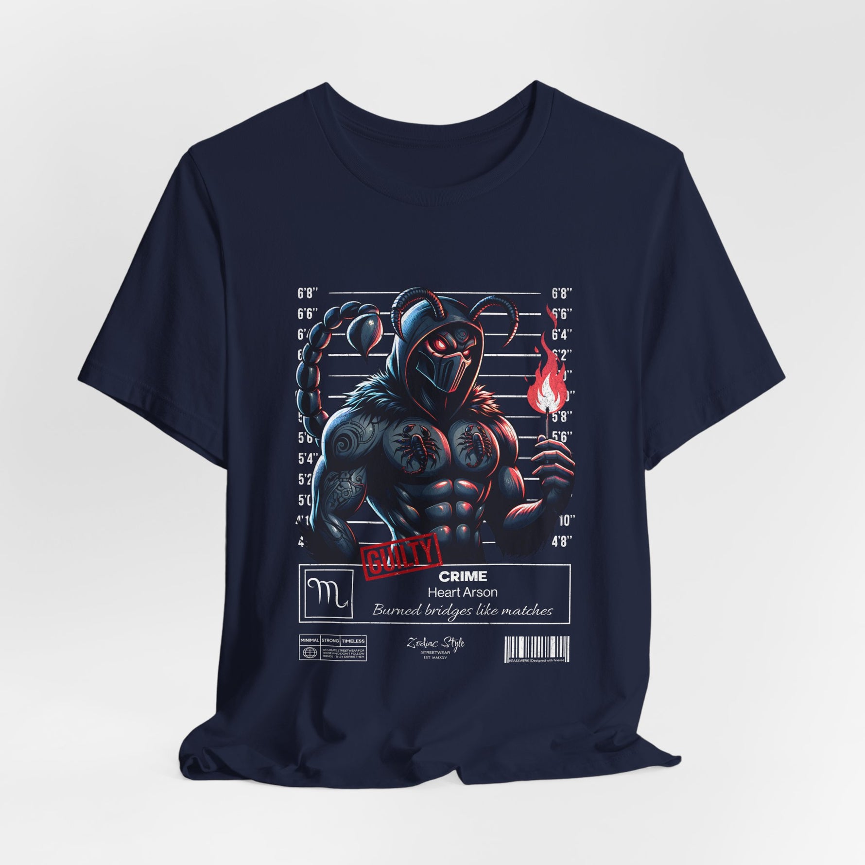 The SCORPIO t-shirt in Navy — 3D mockup showing shirt color Navy. No background. No model.