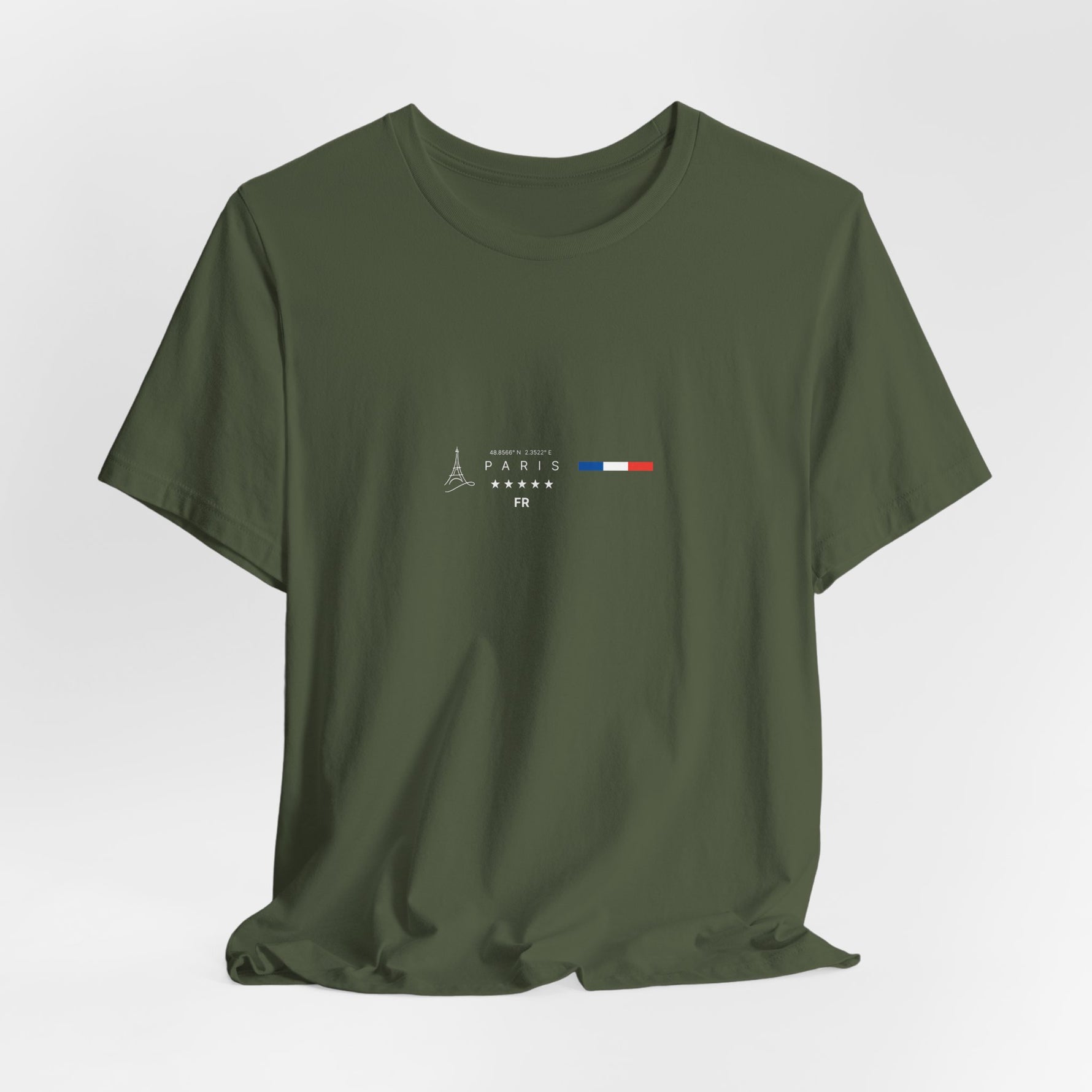 The PARIS t-shirt in Military Green — 3D mockup, olive military tone, no background, no model.