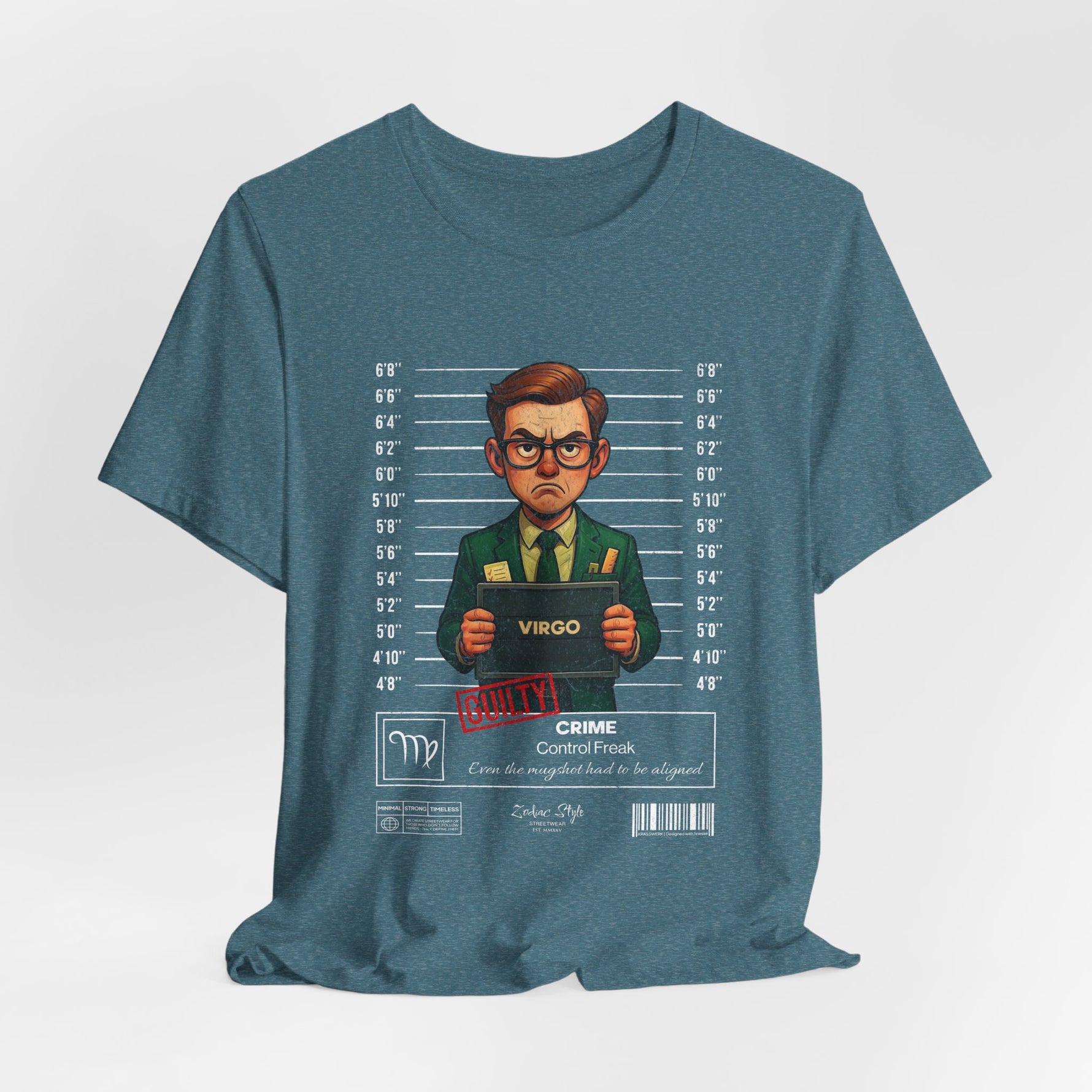The VIRGO t-shirt in heatherdeepteal — 3D mockup of the design on a cool heather deep teal shirt. No background, no model.