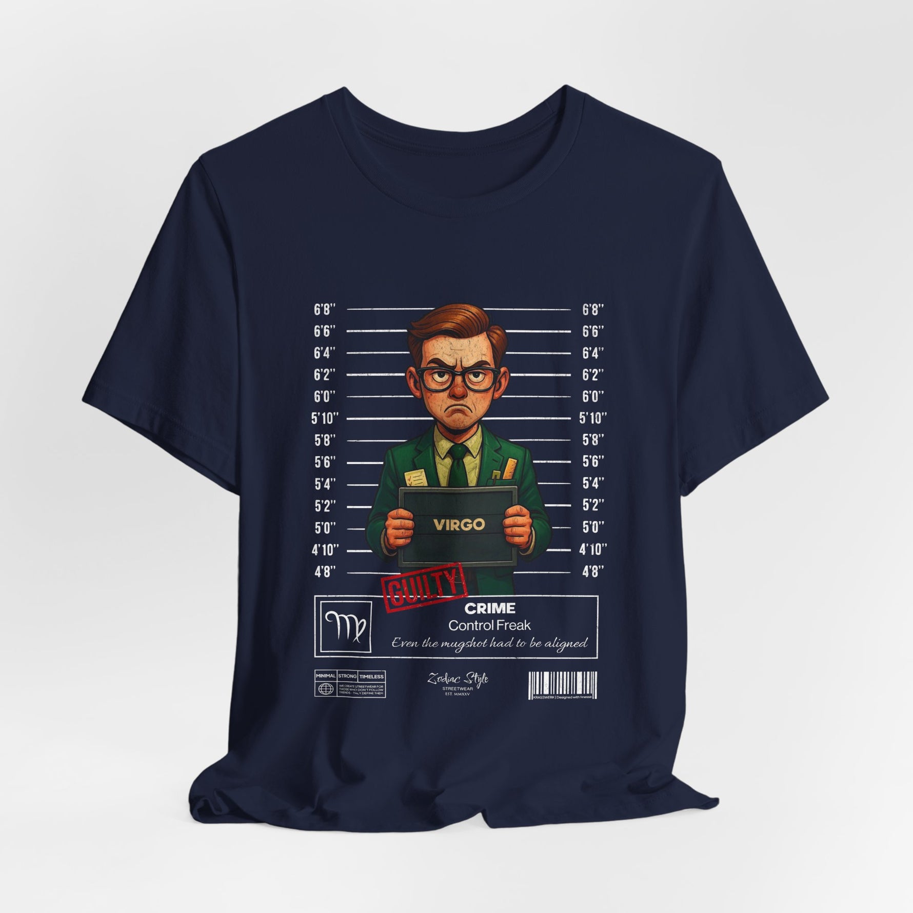 The VIRGO t-shirt in navy — 3D mockup of the design on a deep navy blue shirt. No background, no model.