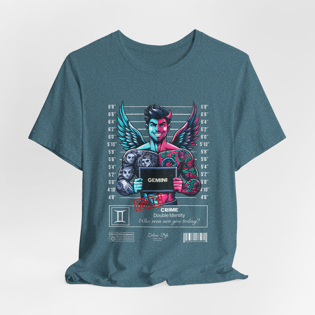 The GEMINI t-shirt in Heather Deep Teal — Dual minds, one color. All charm.