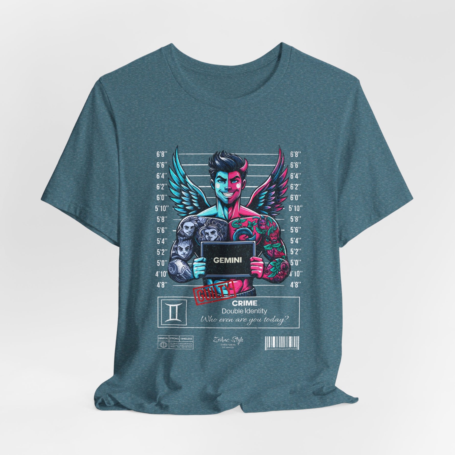 The GEMINI t-shirt in Heather Deep Teal — Dual minds, one color. All charm.