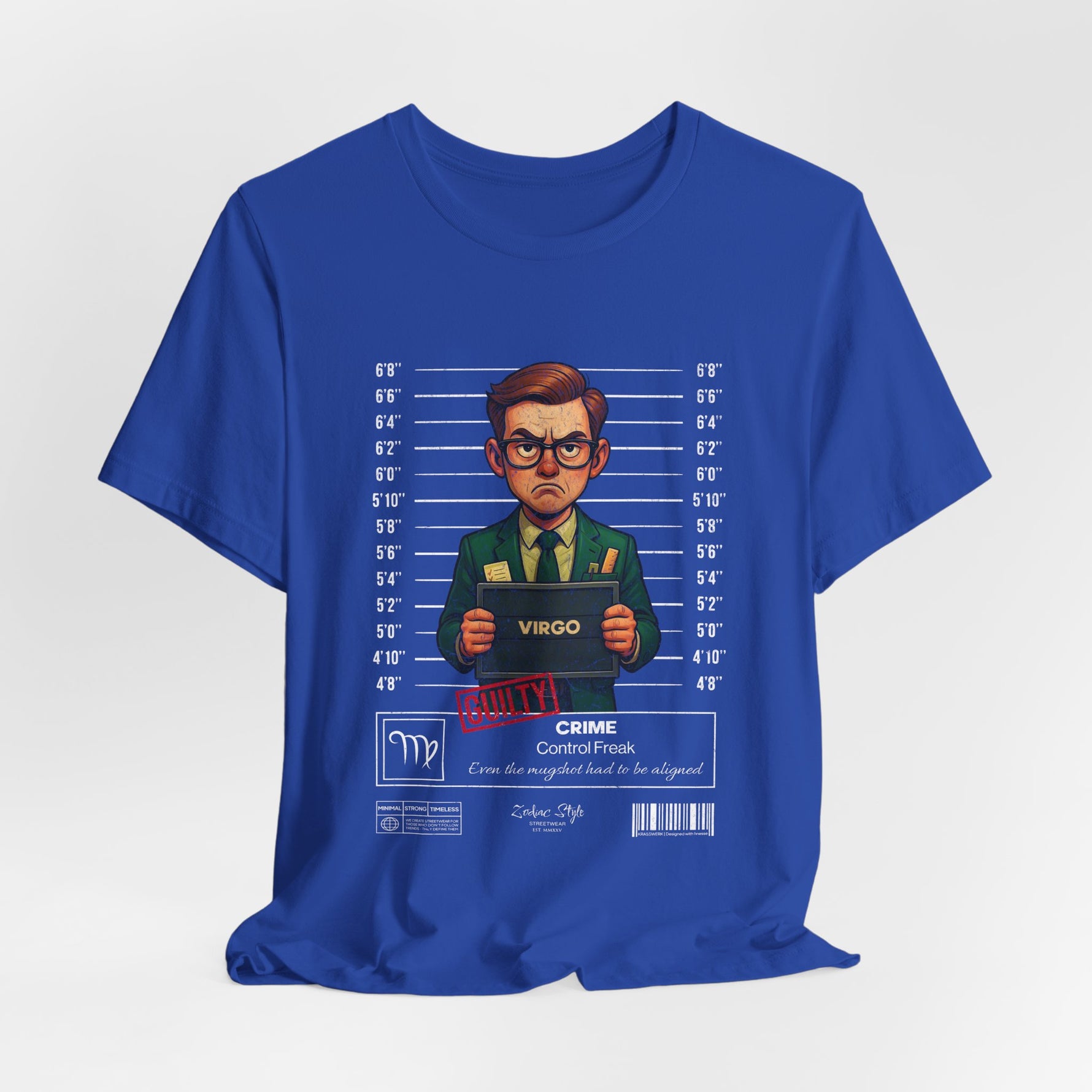The VIRGO t-shirt in trueroyal — 3D mockup of the design on a bold true royal blue shirt. No background, no model.