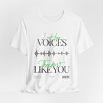 The VOICES t-shirt in White — clarity too bright to trust, screaming in silence.