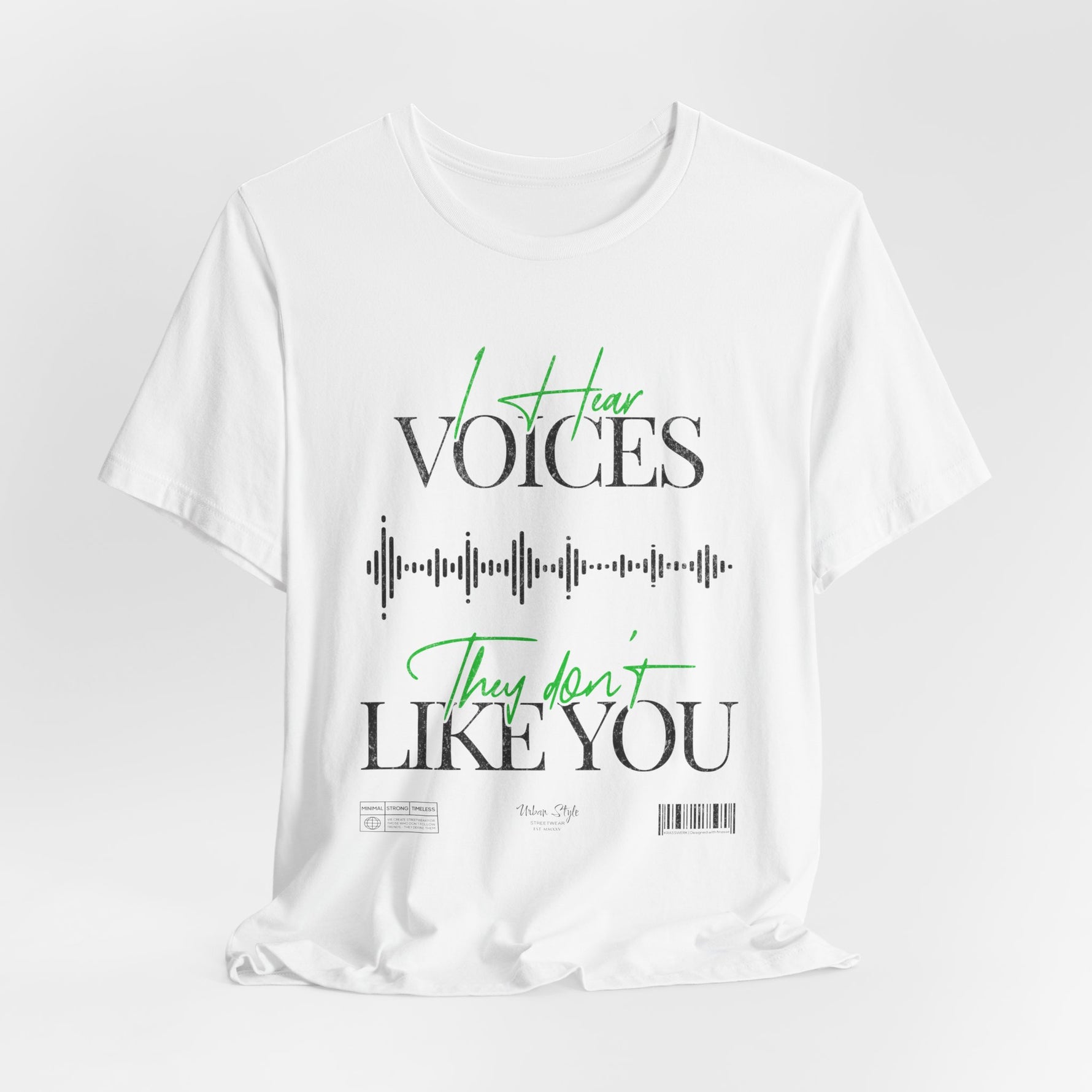 The VOICES t-shirt in White — clarity too bright to trust, screaming in silence.
