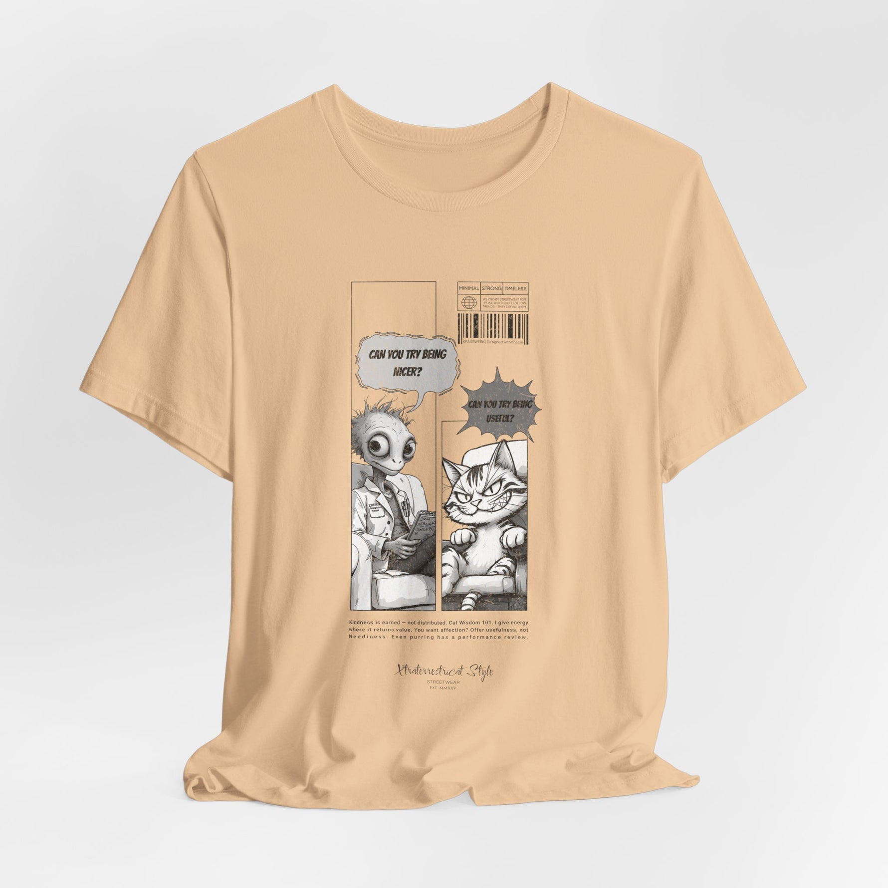 The BEING NICER t-shirt in sanddune — dry wit meets desert calm.