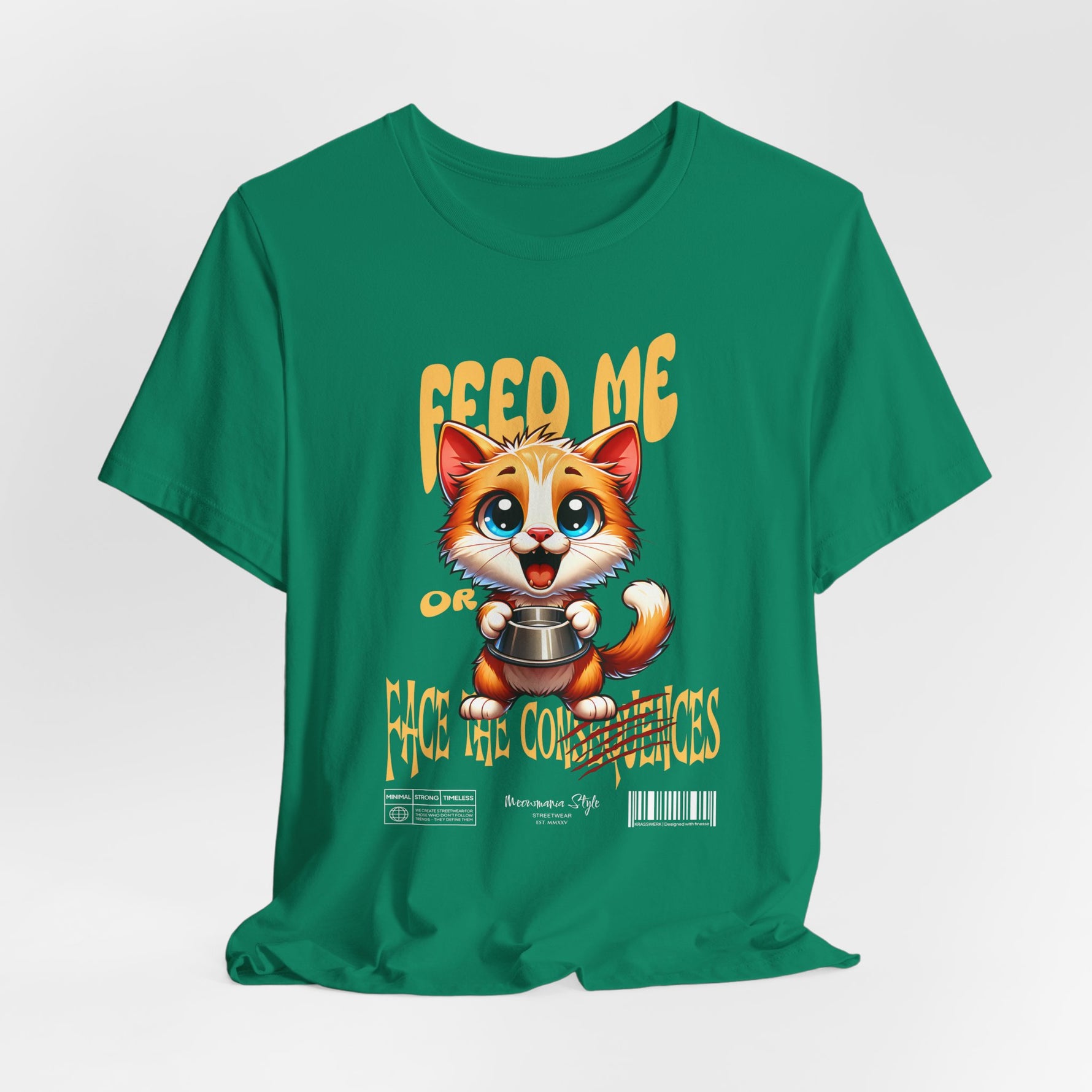 The FEED ME t-shirt in kelly — unexpectedly playful, like a bright warning wrapped in green.