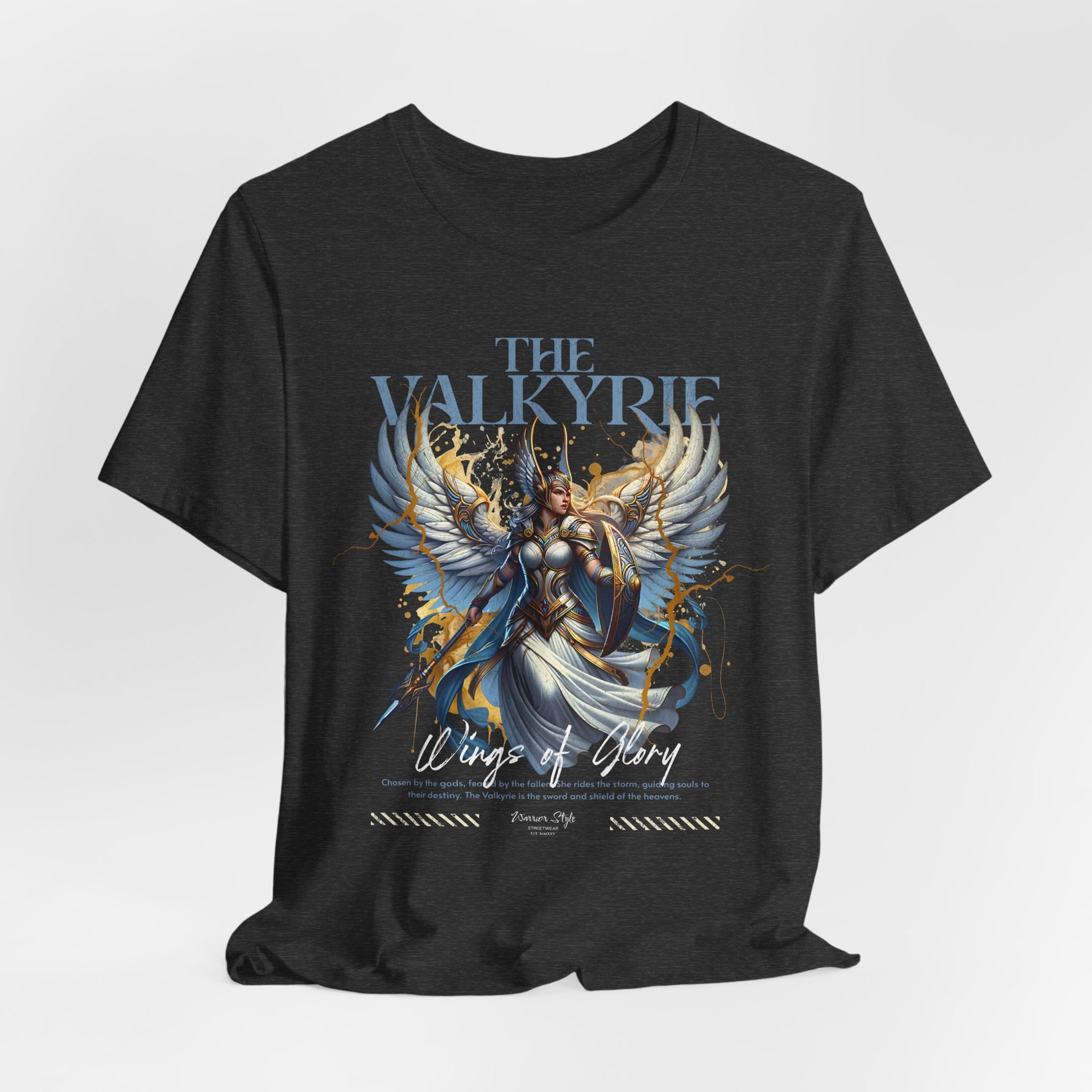The VALKYRIE t-shirt in Dark Heather Grey — like stormy skies before battle, quiet but foreboding.