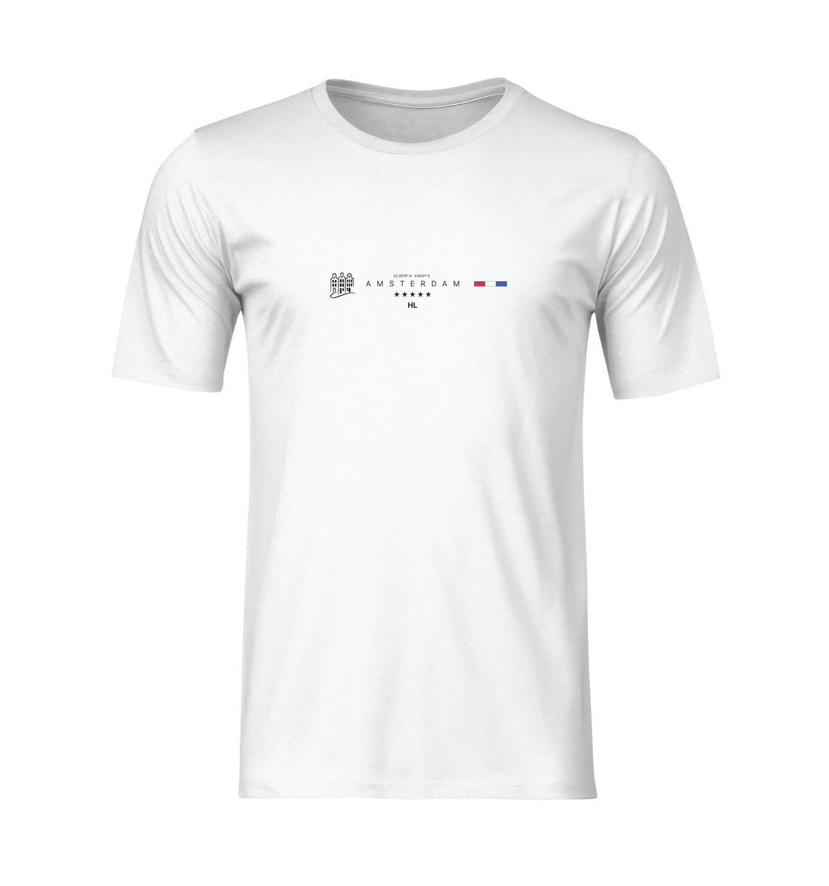 White t-shirt with a logo on a white background