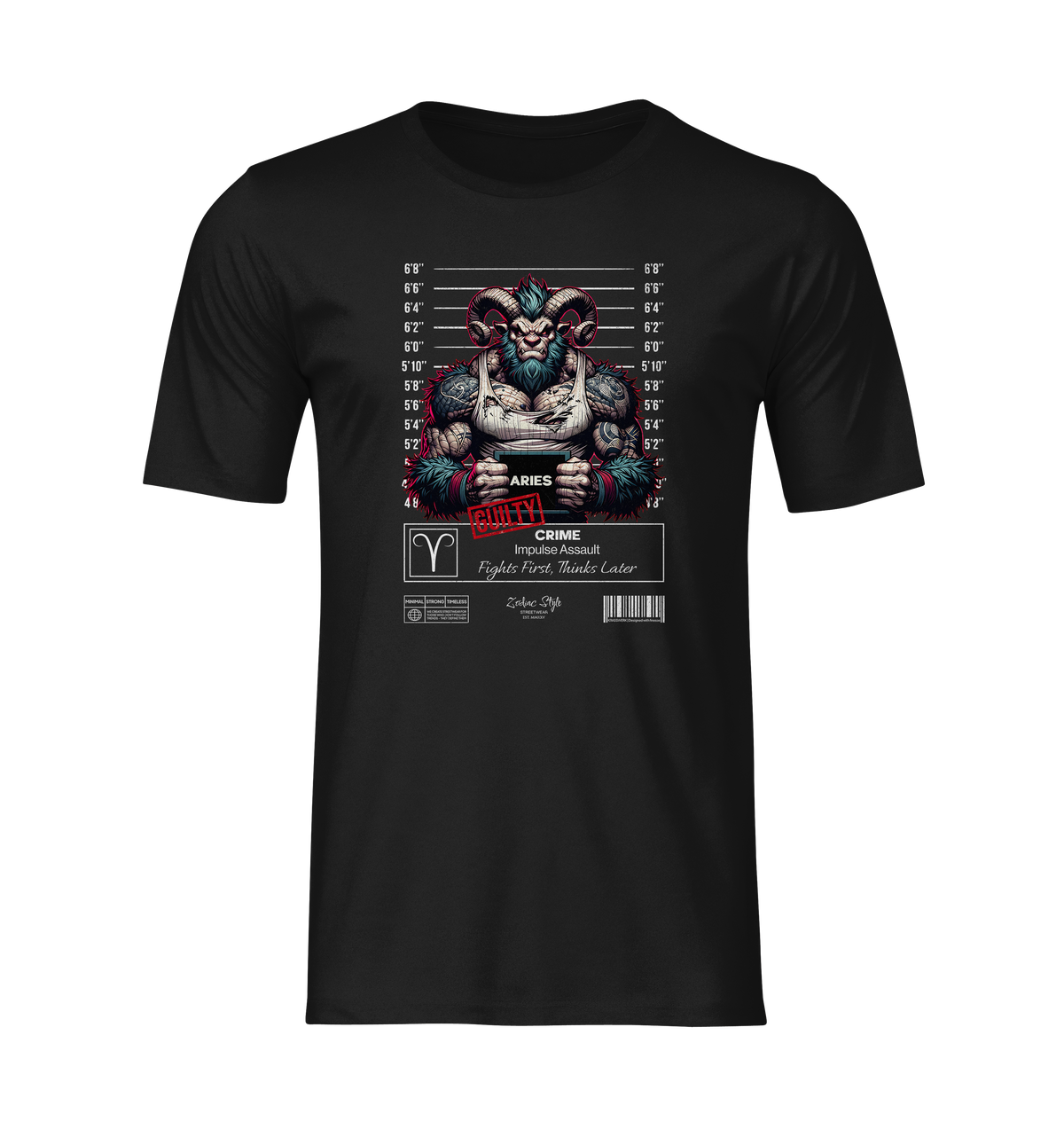 Ghost mockup of the "ARIES – GUILTY" t-shirt in black, showing a mugshot of a ripped ram with red "GUILTY" stamp and Zodiac details below.