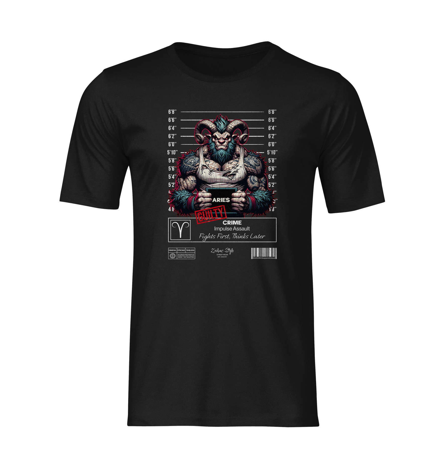 Ghost mockup of the "ARIES – GUILTY" t-shirt in black, showing a mugshot of a ripped ram with red "GUILTY" stamp and Zodiac details below.