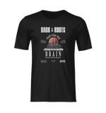 Ghost-style mockup of the “Back to the Roots” t-shirt in black, featuring a bold brain-and-keyboard design with the phrases “Start Using Your Brain” and “Reconnect. Reboot. Reactivate.” Clean, centered presentation on invisible mannequin.