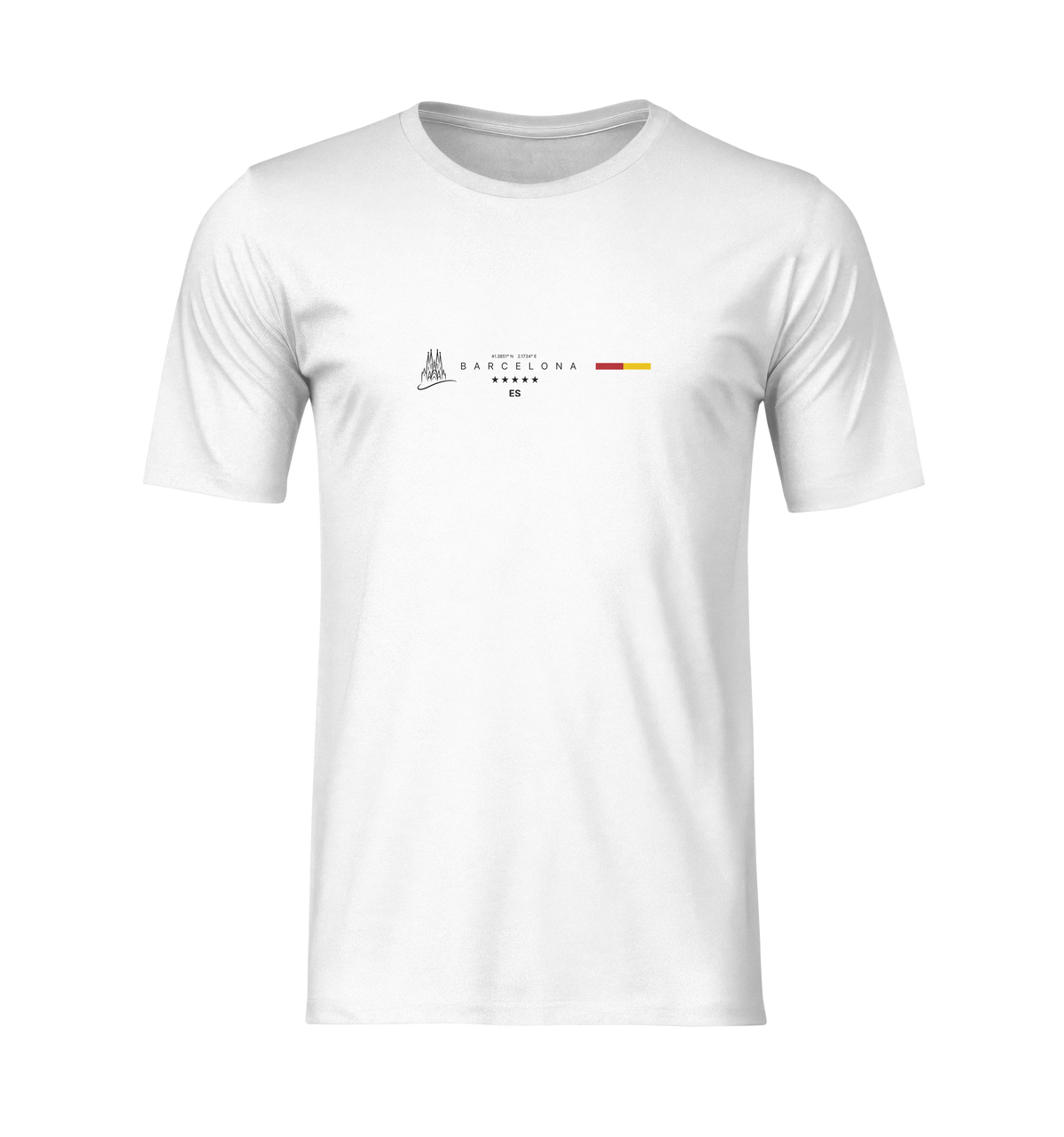 Front-facing 3D mockup of a white “BARCELONA” Krasswerk t-shirt with no model or background. The minimalist chest design features the Sagrada Família icon, the word "BARCELONA," a five-star motif, the ES country code, and a small Spanish flag bar, all centered and sharp in contrast to the clean white fabric.