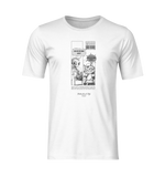 Flat lay ghost mockup of a white unisex t-shirt on a plain background. The design features a black-and-white comic strip with an alien asking “Can you try being nicer?” and a smug cat replying “Can you try being useful?” No model or background elements are present, offering a clear view of the artwork.