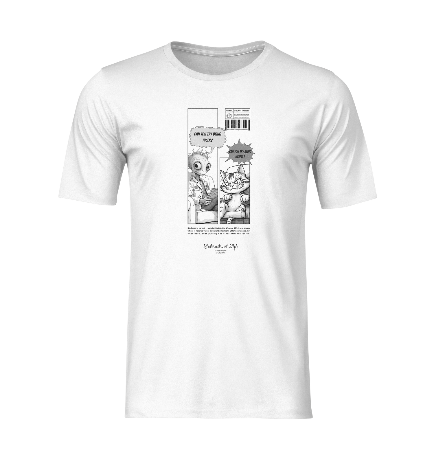 Flat lay ghost mockup of a white unisex t-shirt on a plain background. The design features a black-and-white comic strip with an alien asking “Can you try being nicer?” and a smug cat replying “Can you try being useful?” No model or background elements are present, offering a clear view of the artwork.