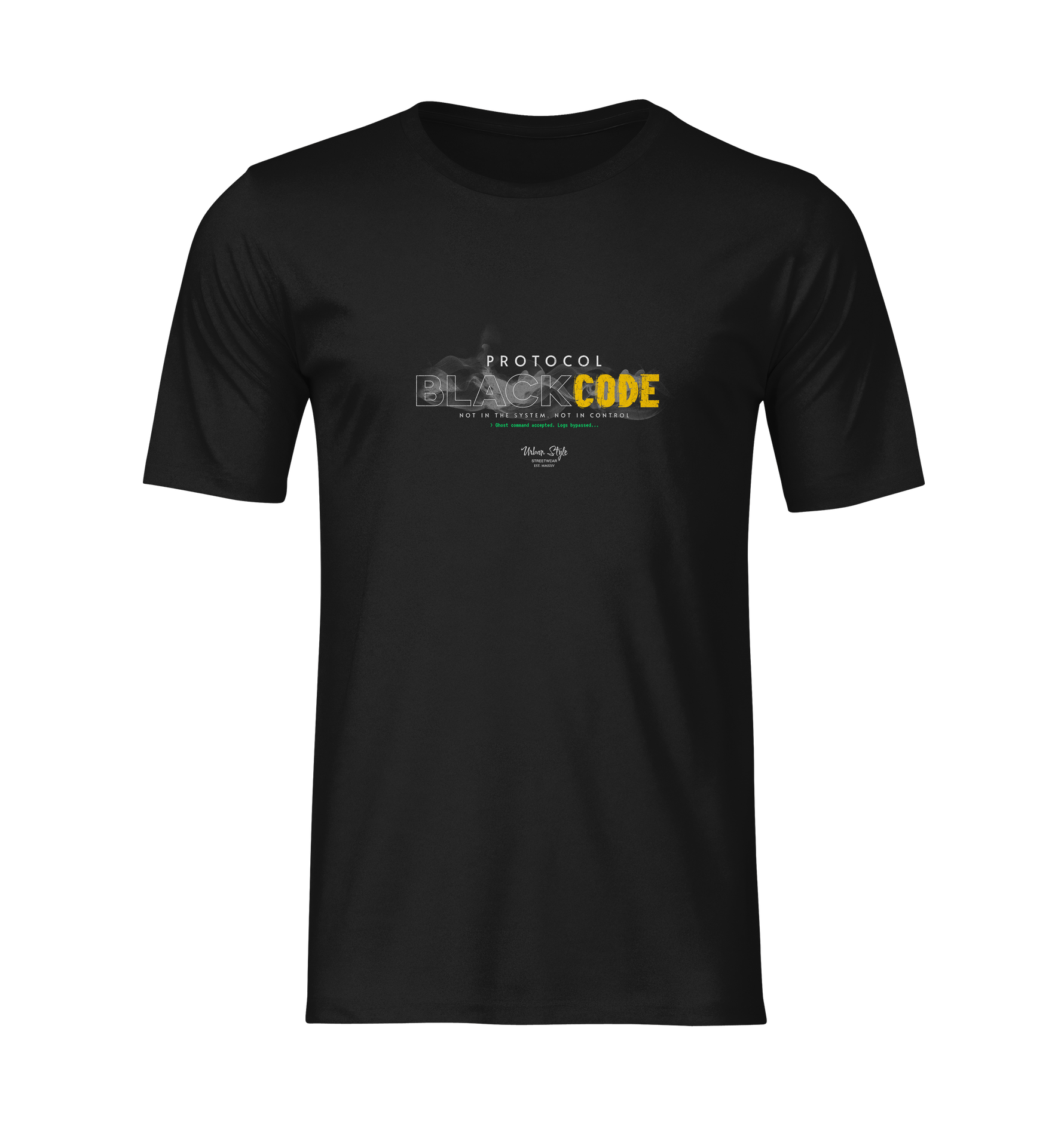 Centered product shot of the “PROTOCOL BLACKCODE” black t-shirt on a plain transparent background. The design features a smokey effect around the word “BLACK” and a glitchy yellow effect on “CODE,” accompanied by the phrase “NOT IN THE SYSTEM. NOT IN CONTROL.” — minimalist and tech-driven visual focus with no model or background.